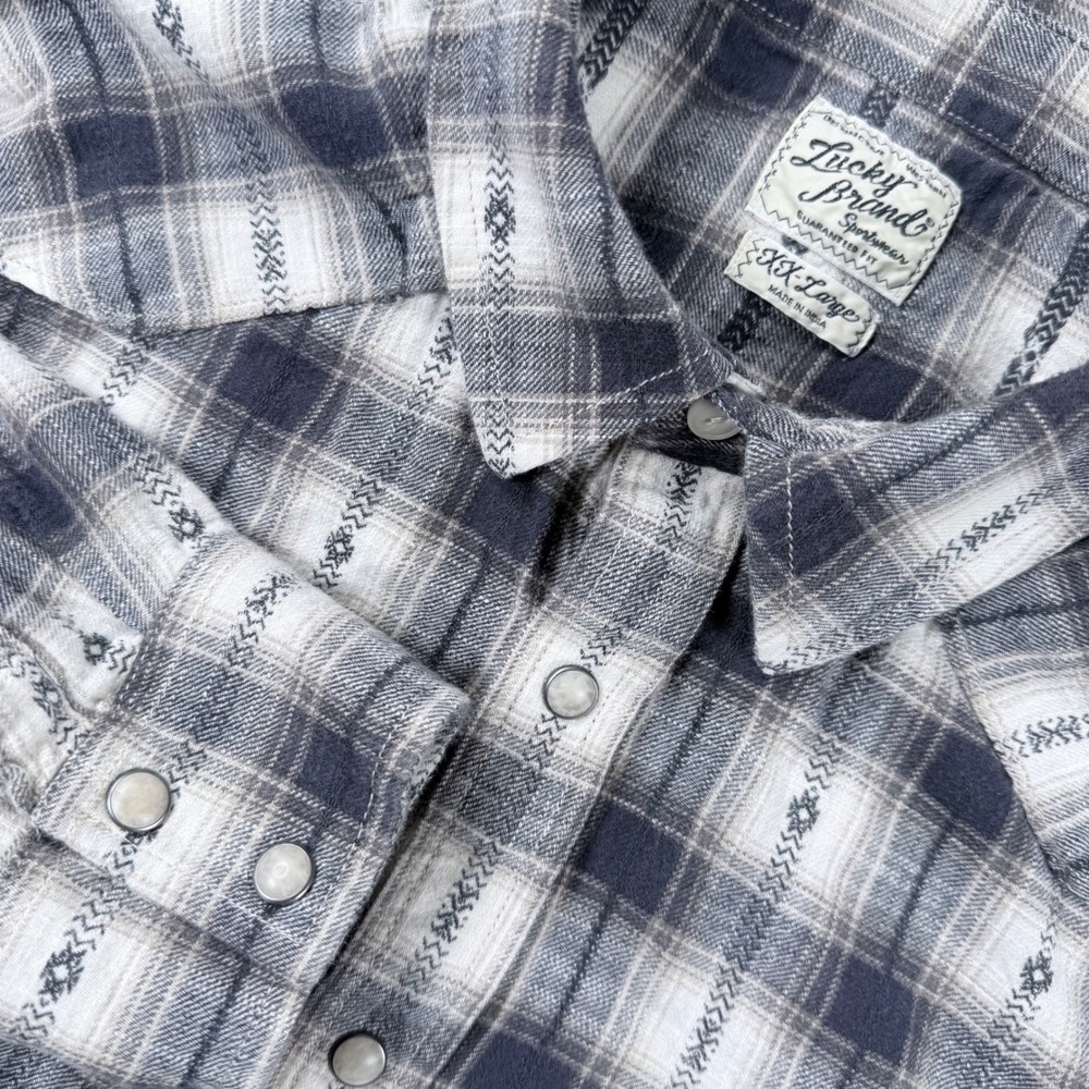 Lucky Brand Mens XXL Plaid Western Pearl Snap Flannel Shirt Cowboy Rodeo Western